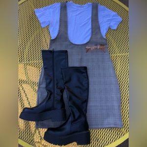 Plaid print dress with cropped white shirt attached